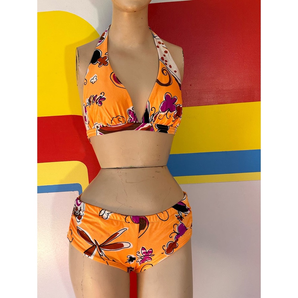 1970s vintage orange butterfly bikini Maidenform m 2 piece swimsuit bathing suit